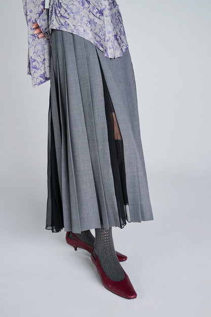 BLEND WOOL & CHIFFON COMBINED PLEATED SKIRT - FETICO