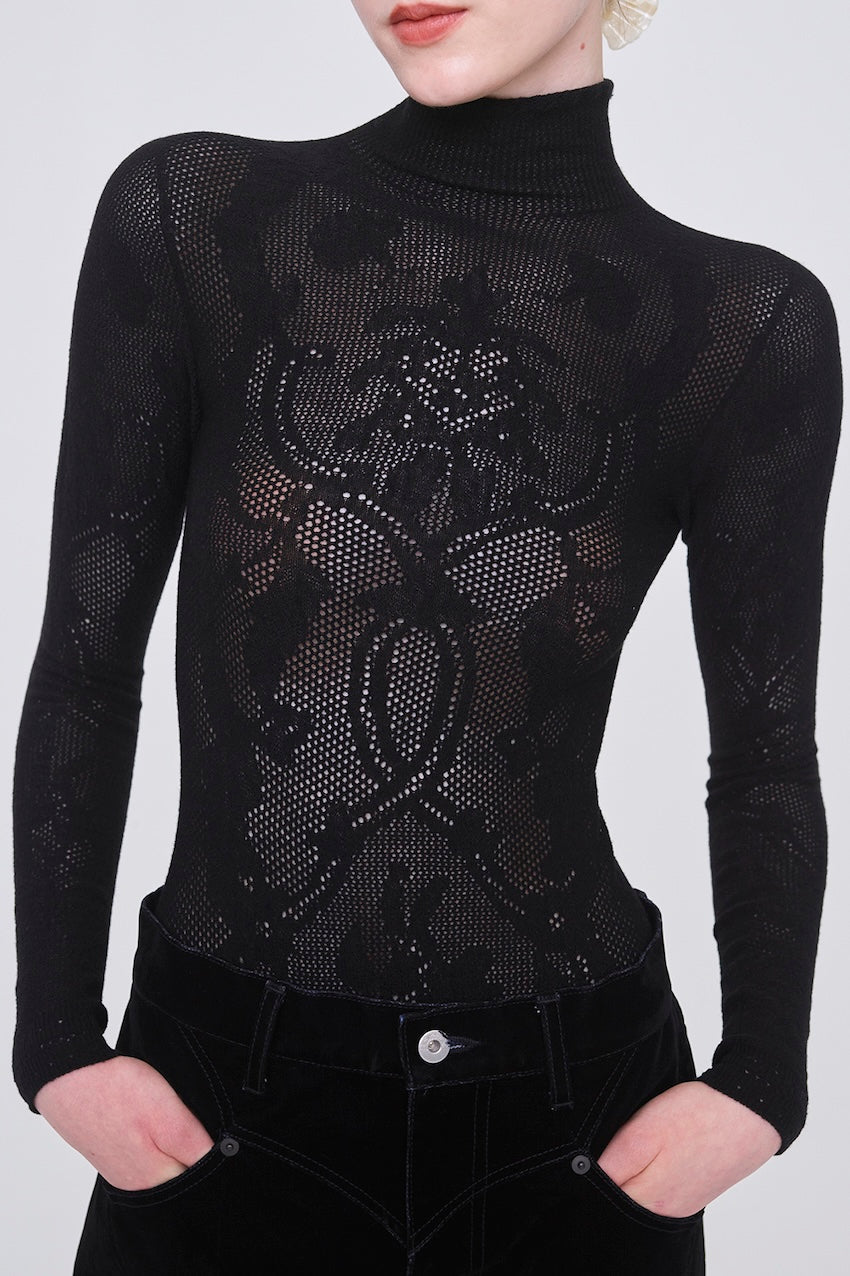 WOOL LACE KNIT TURTLENECK BODYSUIT - FETICO