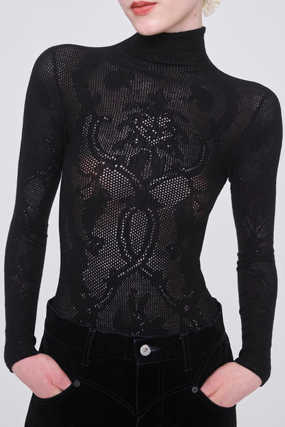 WOOL LACE KNIT TURTLENECK BODYSUIT - FETICO