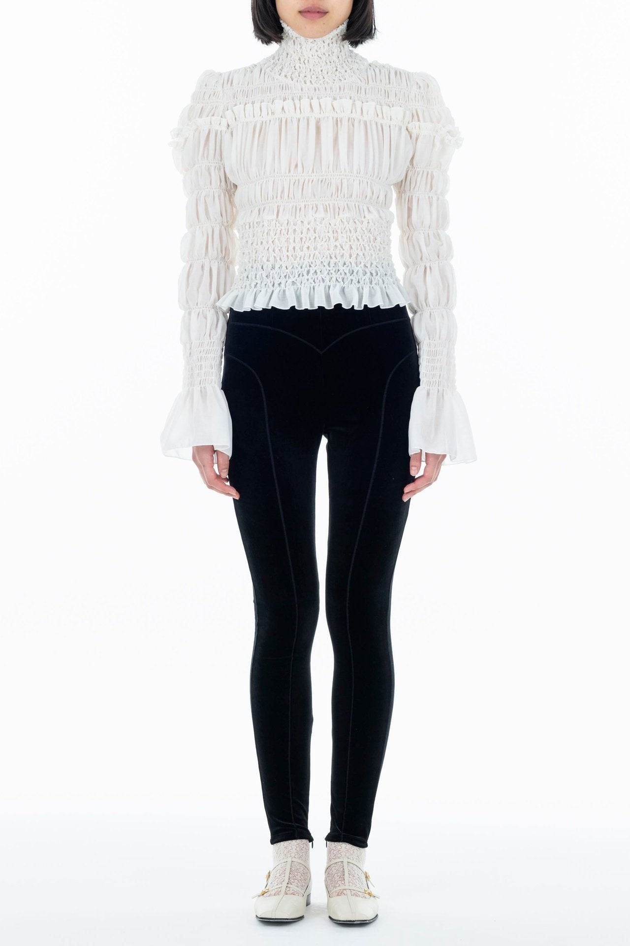 GAUZE SHIRRED HIGHNECK BLOUSE - FETICO