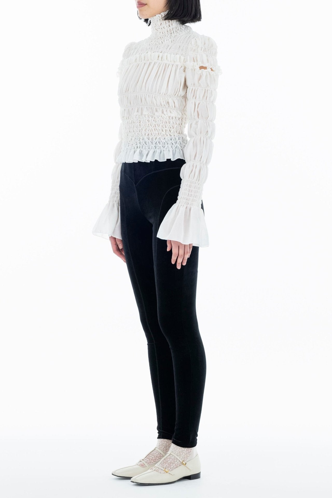 GAUZE SHIRRED HIGHNECK BLOUSE - FETICO