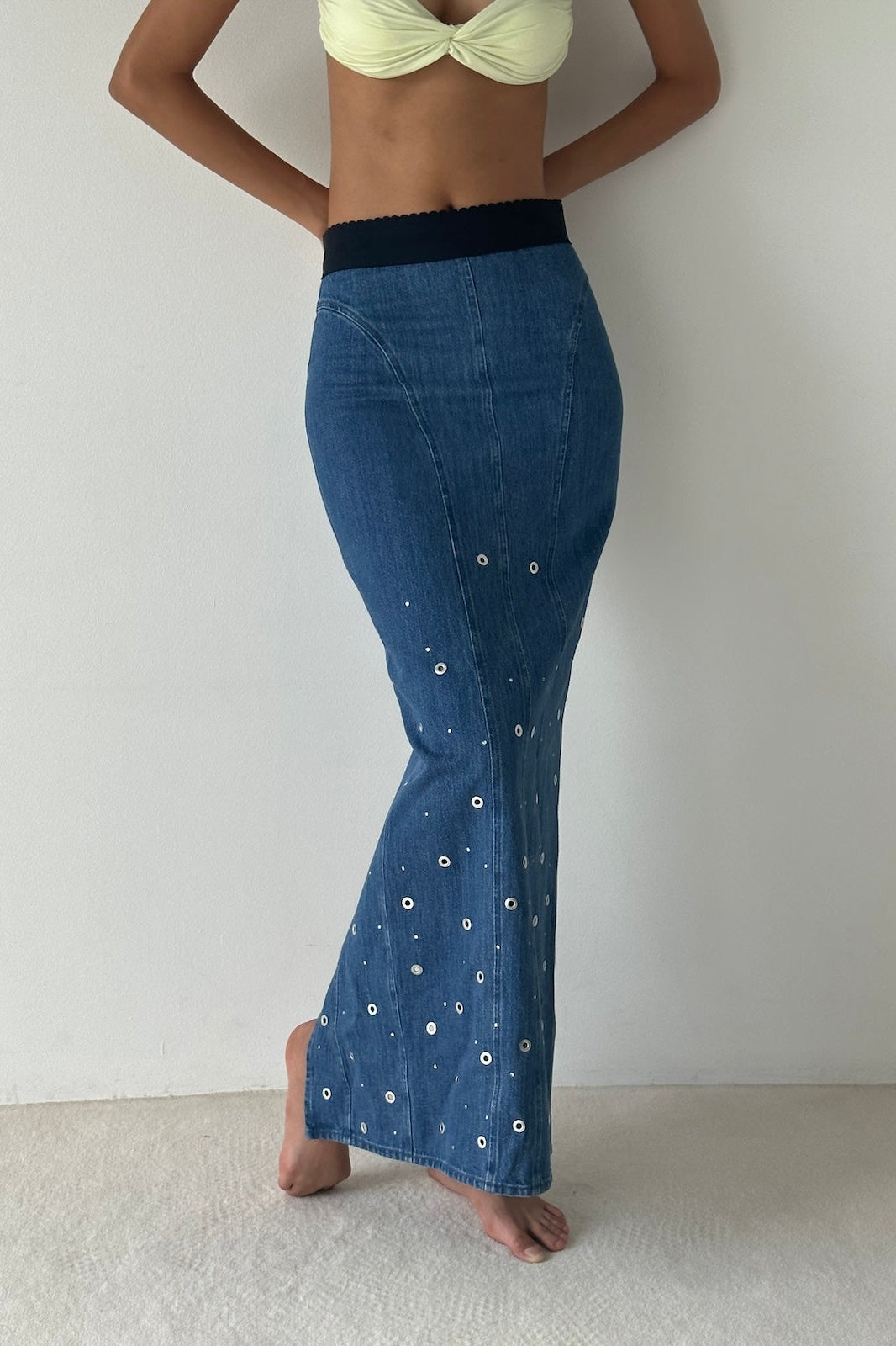ORGANIC COTTON DENIM LONG SKIRT WITH STUDS – FETICO Official