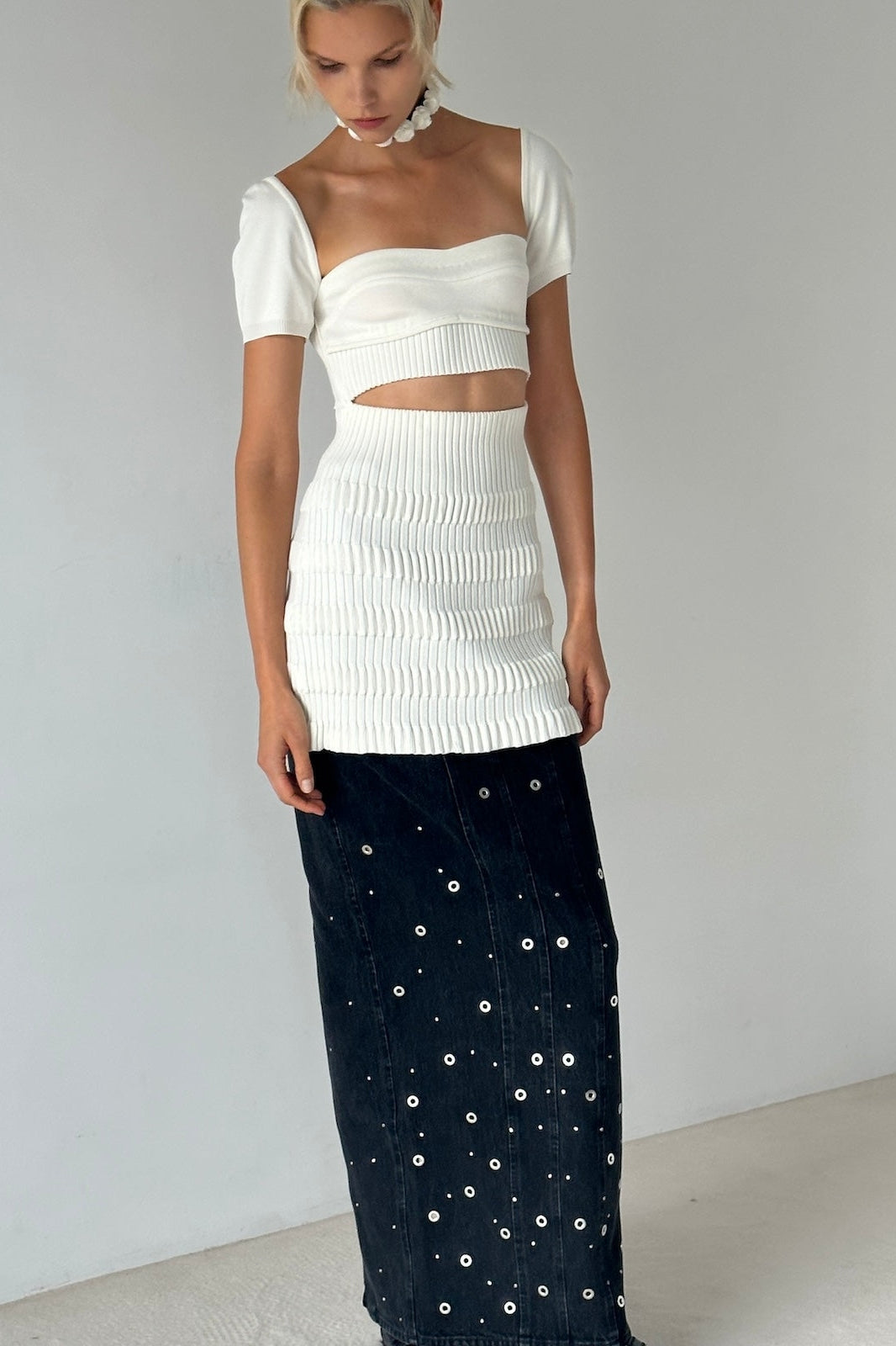 ORGANIC COTTON DENIM LONG SKIRT WITH STUDS – FETICO Official